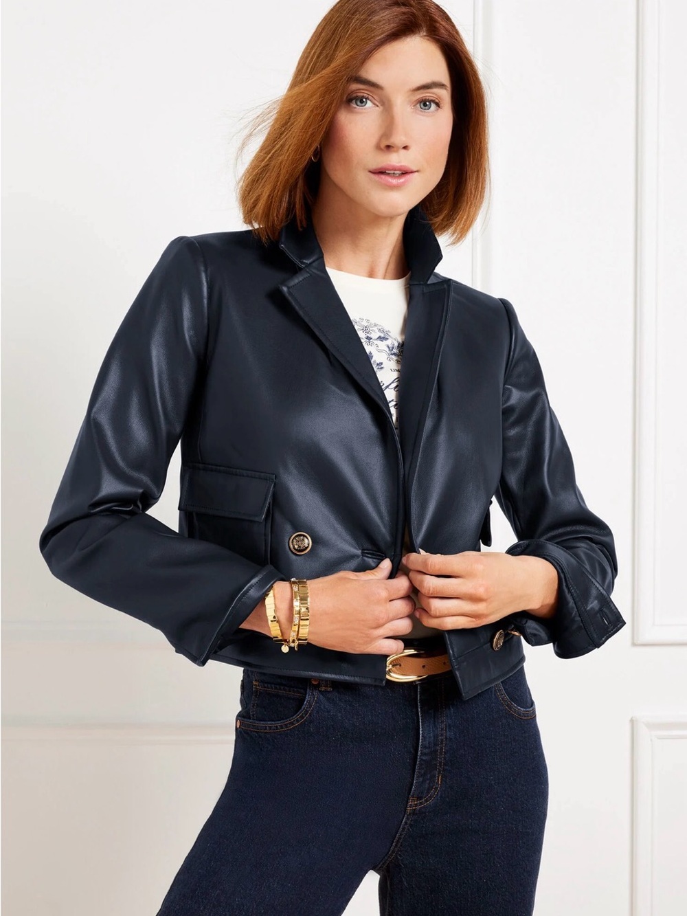 Talbots Faux Leather Cropped Jacket retails $199 NWT sizes 6 & 8 Navy Blue